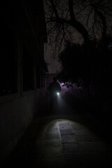 Mysterious pathway. Footpath in the dark, foggy, autumnal, mysterious forest.