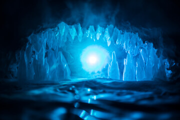 Surreal landscape with people exploring mysterious ice grotto cave. Outdoor adventure. Family exploring huge icy cave, dark majestic landscape. Magical silhouettes on background of illuminated ice