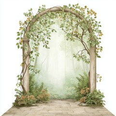 A stone archway entwined with foliage opens to a misty forest pathway.