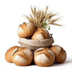 Freshly baked bread rolls are arranged in rustic sack with wheat stalks