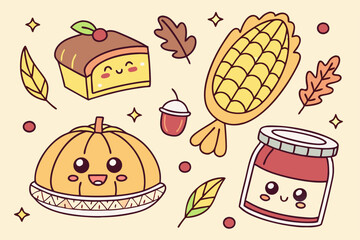 Adorable autumn harvest kawaii food illustration