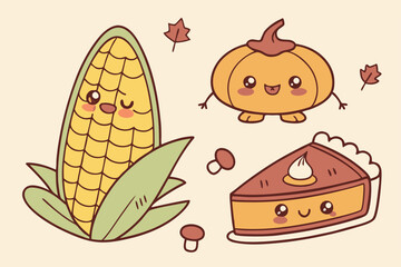 Adorable autumn harvest kawaii characters
