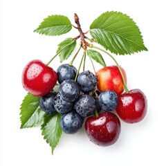 A small cluster of fresh cherries and blueberries rests on a white surface.