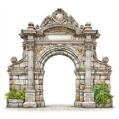 Majestic stone archway adorned with ornate carvings stands against white sky