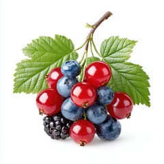 A vibrant mix of blueberries, red currants, and blackberries on white table.
