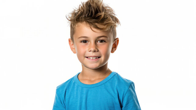 Young boy with stylish messy hair in bright blue shirt smiling against white background, capturing youthful joy and innocence in portrait photography