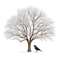 A single black crow stands beneath a snow covered tree in winter season.
