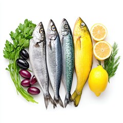 Four fresh raw fishes are arranged with lemon, herbs, and olives on white.