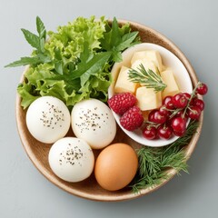 A wooden bowl contains eggs, cheese cubes, lettuce and fresh raspberries.