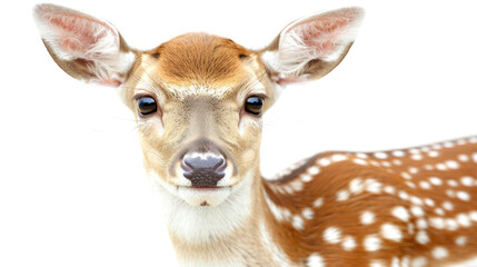 Close-Up Portrait of a Young Fawn with Brown and White Spots Against a Clean White Background
