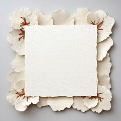 Delicate white paper flowers frame a textured square sheet of paper art.