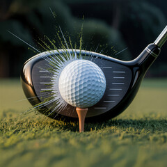 Hyperrealistic photo: Precise golf ball impact on driver. Compressed ball, dimples, speed lines, grass. Textured clubface, shallow depth of field, blurred green background.