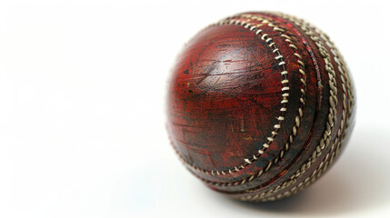 Close-up of a Vintage Cricket Ball with Textured Surface and Detailed Stitching on a Clean White Background