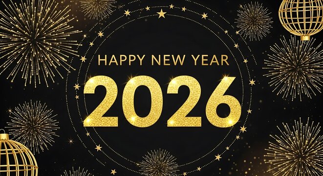 Elegant gold new year 2026 celebration with fireworks display