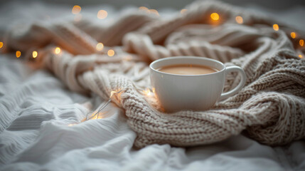 Cozy Cup of Coffee on Warm Knit Blanket with Soft Lights for Inviting Home Atmosphere and Relaxation in Comforting Indoor Space