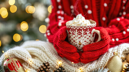 Warm Festive Drink Surrounded by Cozy Holiday Decorations and Soft Textiles for a Joyful Winter Atmosphere