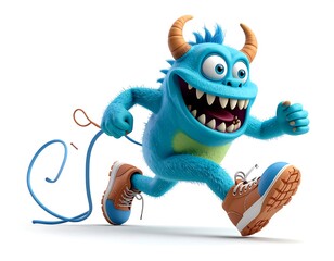 Playful Blue Cartoon Monster Running on White Background