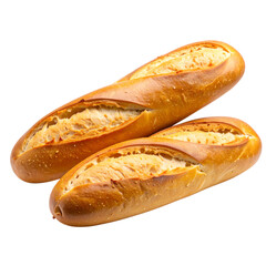 Two freshly baked baguettes with a golden crust, showcasing a soft and airy interior.