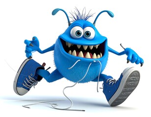Playful Blue Monster Cartoon Running and Tying Shoelaces