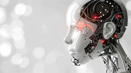 Futuristic robotic head with intricate mechanical components and glowing elements set against a soft blurred background