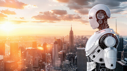 Futuristic Robot Gazing Over City Skyline at Sunset with Skyscrapers and Clouds in New York