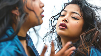 Portrait of a Young Woman with Flowing Hair Expressing Emotion in a Natural Setting