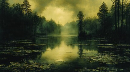 Obraz premium Misty swamp landscape at dawn