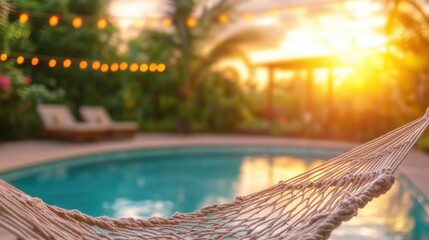 Relaxing by the poolside hammock at sunset in a tropical garden oasis