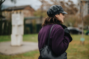 Fototapeta premium A woman dressed in a chic purple coat and leather hat explores an outdoor park on a rainy day, showcasing urban life and casual fashion style.