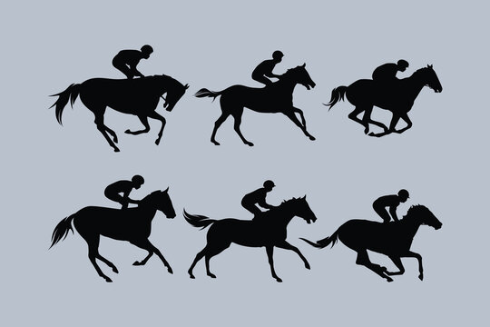 Horse Racing Rider Jockey Various Pose Simple Silhouette Vector Set Collection