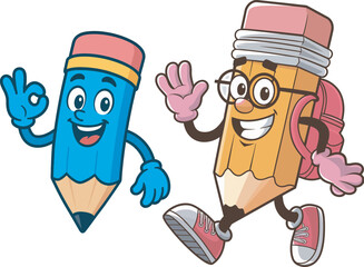 Funny Pencil Characters in Cartoon Style for Back to School Design