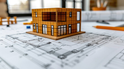 Architectural Model and Blueprints on a Work Desk in Design Office Environment