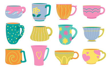 Cups for tea or coffee hot drinks with different trendy design isolated set on white background