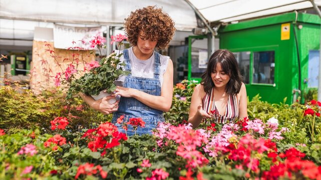 Garden center workers choosing blooming flowers in greenhouse