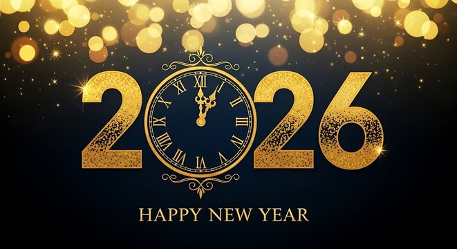 Golden 2026 happy new year clock and festive background