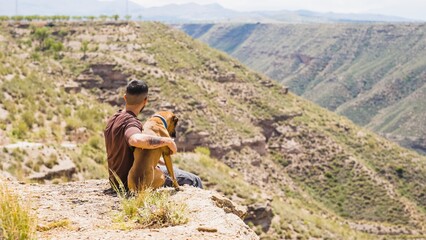 Man and dog admiring the landscape in gorafe, spain