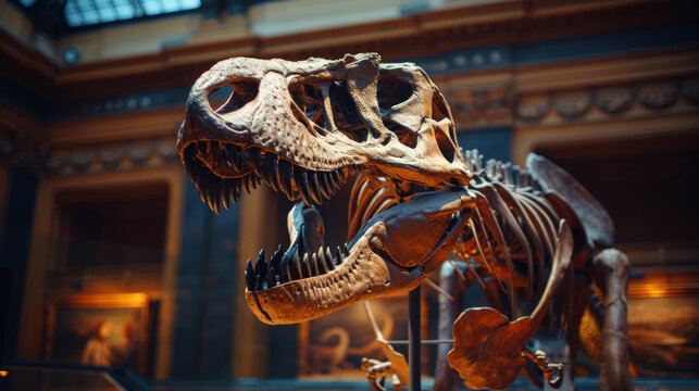 Tyrannosaurus rex skeleton on display in a museum highlighting prehistoric life and the awe of dinosaurs for educational purposes
