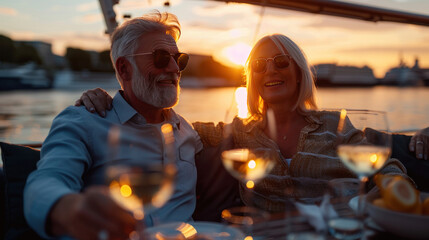 Romantic Couple Enjoying Sunset Relaxation on a Boat with Glasses of Wine, Elegant Lifestyle by the Water
