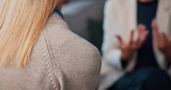 People, hands and therapy with shoulder for support, comfort or counseling session on sofa. Office, client and therapist talking with touch for empathy, sympathy or healing advice in private practice