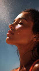 Close up of faceless woman with glowing skin enjoying water mist on her face under sunlight, feeling refreshed and calm