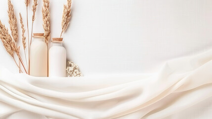 Minimalist Vases and Dried Flowers on Soft White Fabric Background