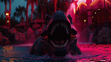 Night Scene with an Animated Dinosaur in Water at Amusement Park Surrounded by Lights and Tropical Plants