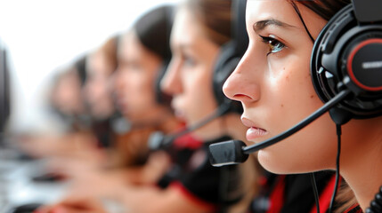 Focused female gamer in a competitive esports environment wearing headset with microphone and engaging in an online gaming tournament session