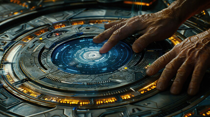 Futuristic Control Interface with Hands Engaging Digital Technology on a High-Tech Console
