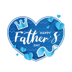 Happy father's day - Text in blue heart banner with zigzag texture and crown necktie around vector design