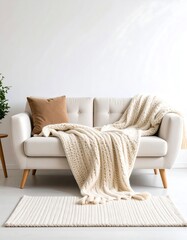 Creamy Knit Throw on Off White Sofa with Brown Pillow and Rug