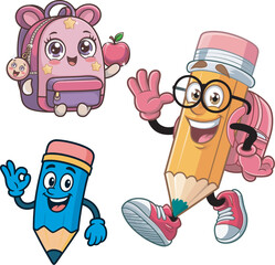 Cute Pencil and Backpack Characters in Cartoon Style for Back to School