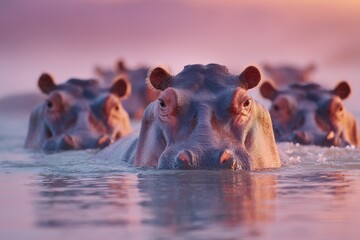 Fototapeta premium Hippopotamus Pod Cooling Off, Immersed in Murky Water, Peaceful Wildlife Scene with Gentle Light during Dusk
