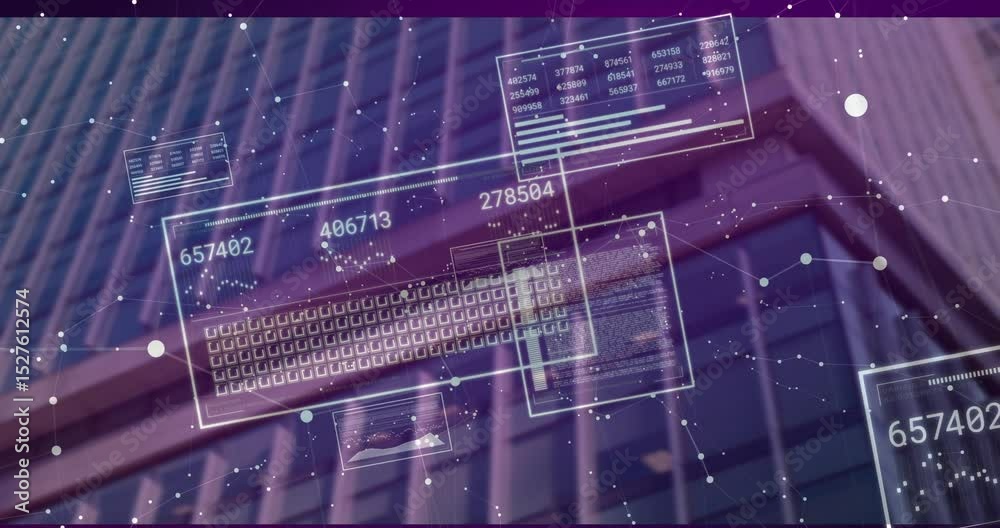Poster on start layering data panels updating numeric values over purple glass for real-time visualization