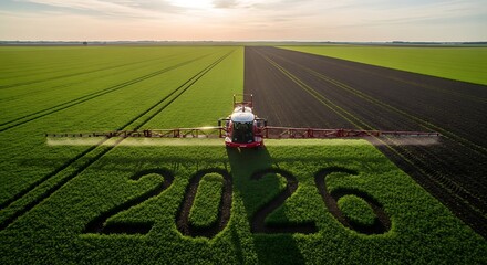 Obraz premium Aerial view of field sprayer forming the year 2026